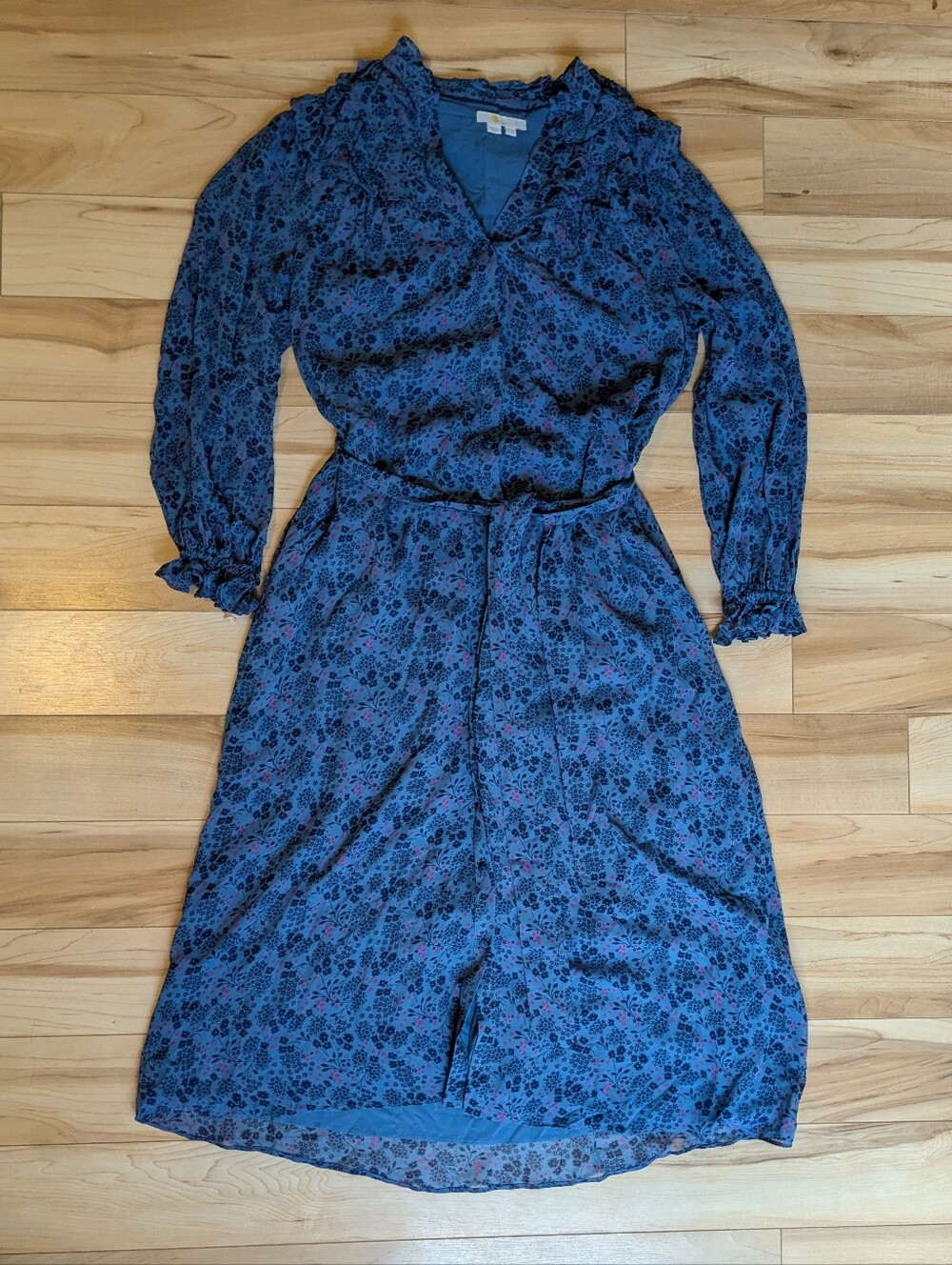 Boden Ruffle Yoke blue floral Midi Shirt Dress belted spring long sleeve 12 - Picture 2 of 6